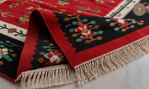 Black & Red Botanical Geometric Handwoven Durrie