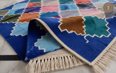 Blue Multicolour Lattice Geometric Handwoven Durrie