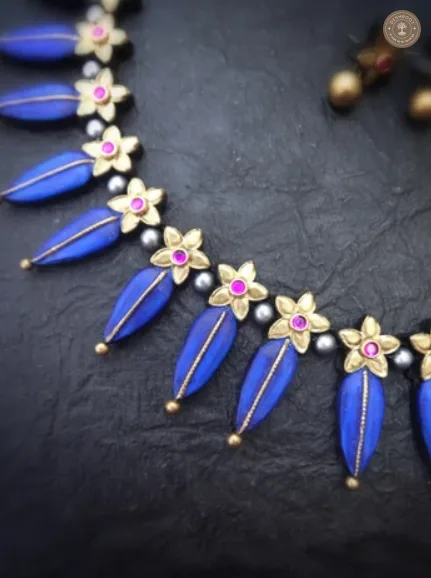 Royal Blue Choker Terracotta Necklace Set with Gold Floral & Pearl Accents
