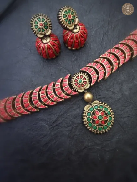 Scarlet Crescent Handcrafted Terracotta Choker Set | Handcrafted Tamil Nadu Terracotta Jewellery