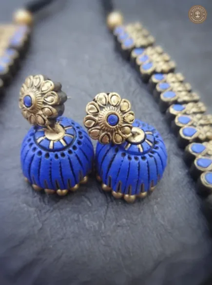 Royal Azure Statement Terracotta Necklace Set | Handcrafted Tamil Nadu Terracotta Jewellery