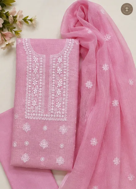 Kota Doria Floral Chikankari Embroidered Dress Material