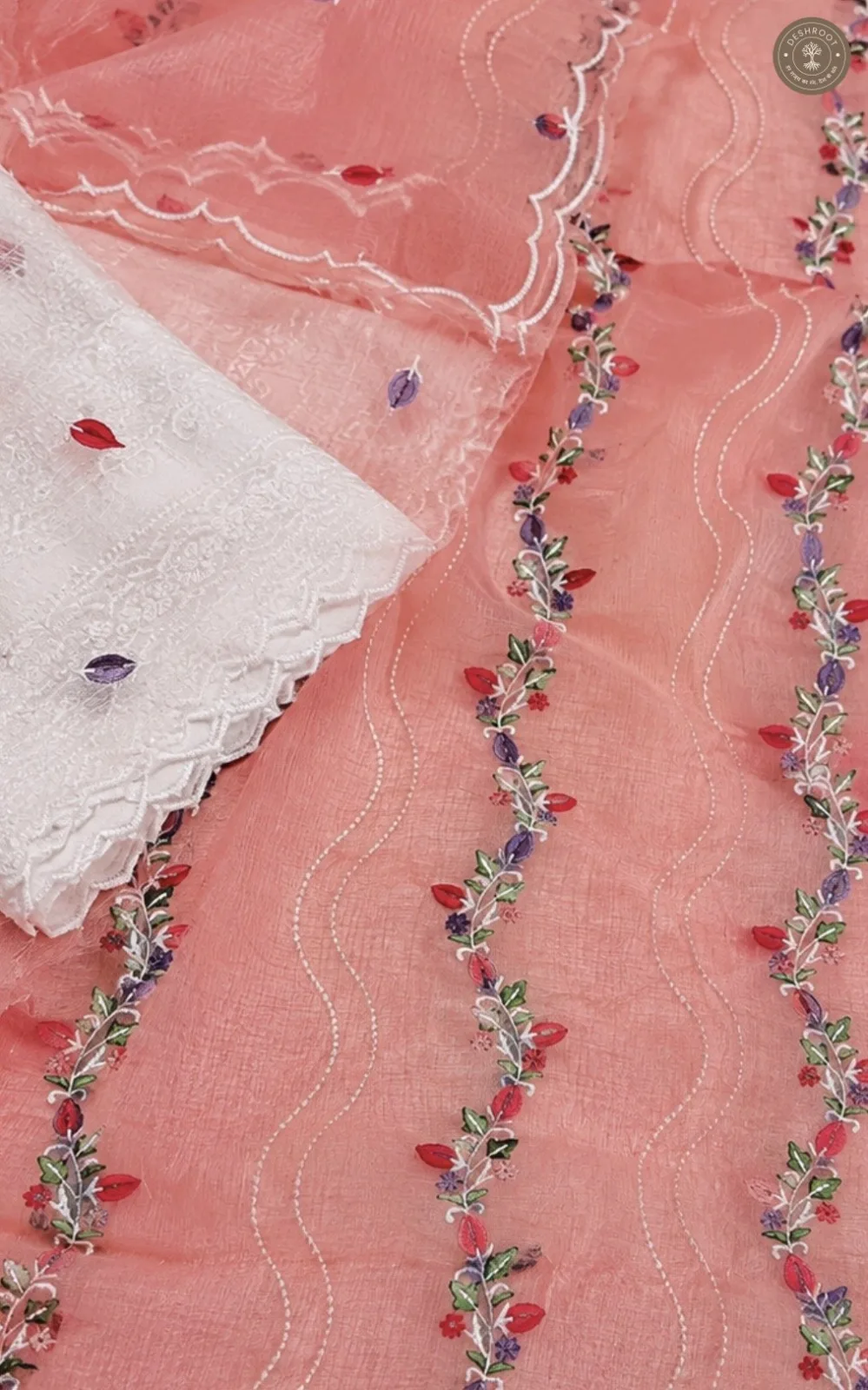 Kota Doria Floral Wave Embroidered Dress Material