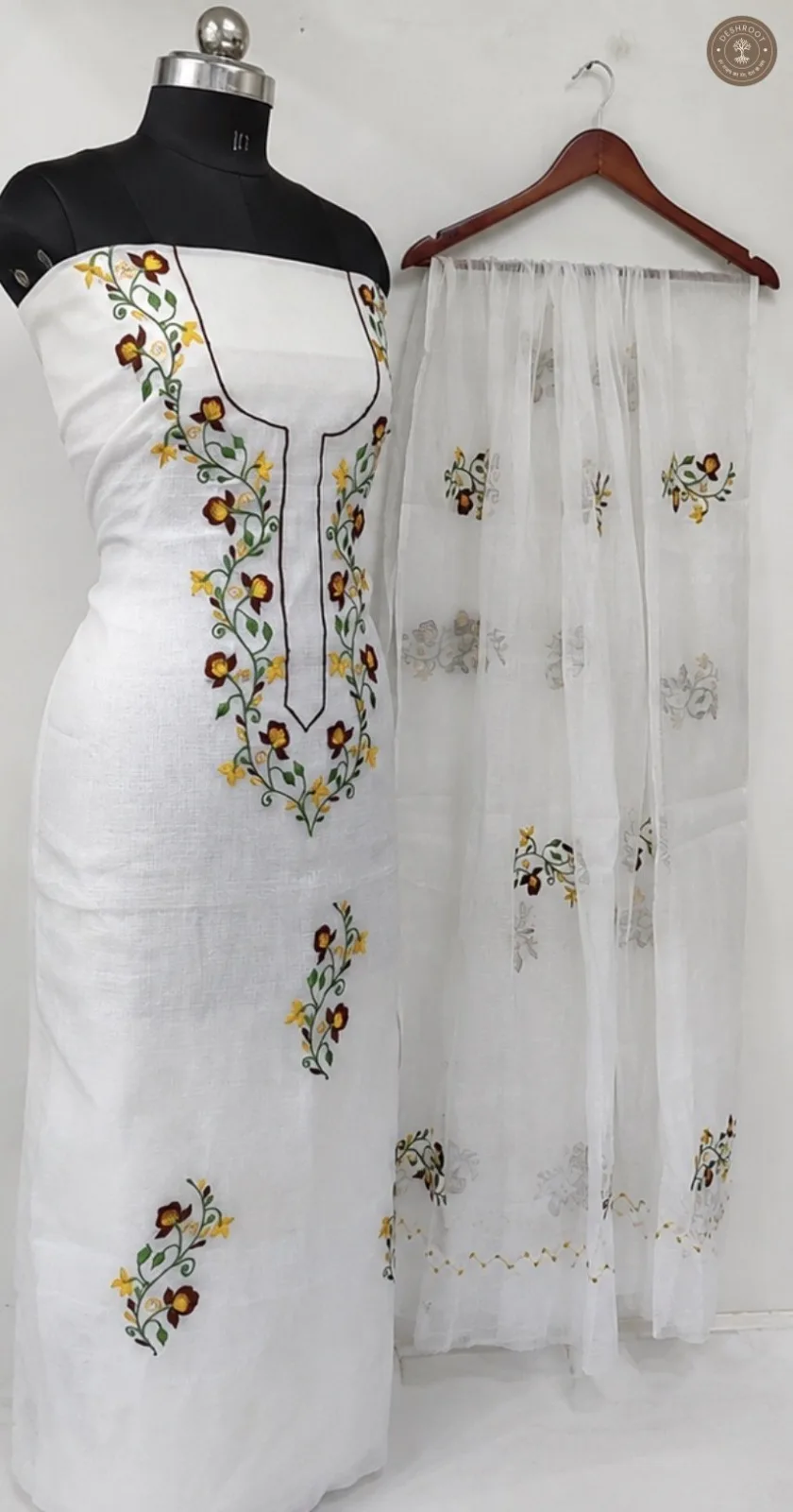 Kota Doria Multiflora Vine Embroidered Dress Material