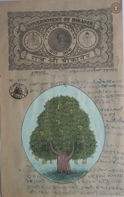 Mango Tree on Vintage Bikaner Revenue Stamp – Original Miniature Painting