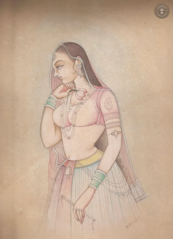 Melody of Grace – Lady with Flute | Original Bikaner Miniature Painting