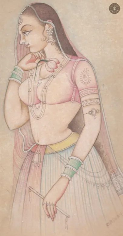 Melody of Grace – Lady with Flute | Original Bikaner Miniature Painting