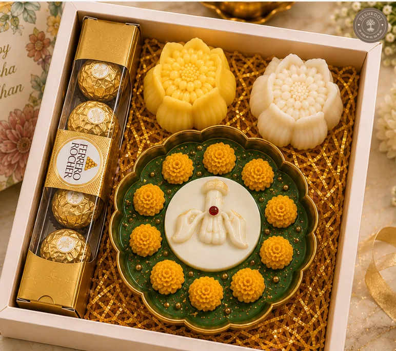 Raksha Bandhan Premium Gift Hamper - Decorative Urli Candle, 2 Floral Candles & Ferrero Rocher Chocolates