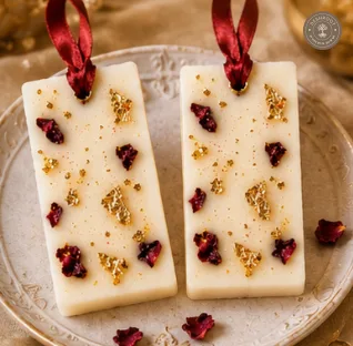 Handmade Scented Wax Tablets with Gold Leaf & Dried Rose Petals – Hanging Wardrobe Freshener