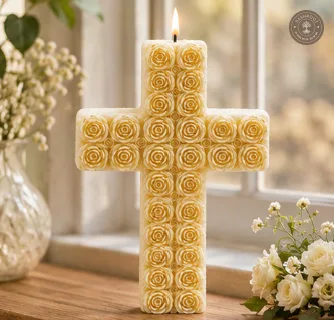 White & Gold Rose Cross Candle – Decorative Soy Wax Candle