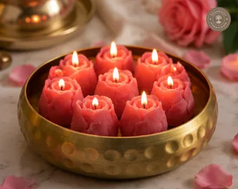 Handcrafted Rose Flower Candle Urli Set – 14 cm Gold Metal Bowl with 8 Decorative Scented Candles