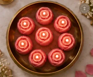 Handcrafted Rose Flower Candle Urli Set – 14 cm Gold Metal Bowl with 8 Decorative Scented Candles