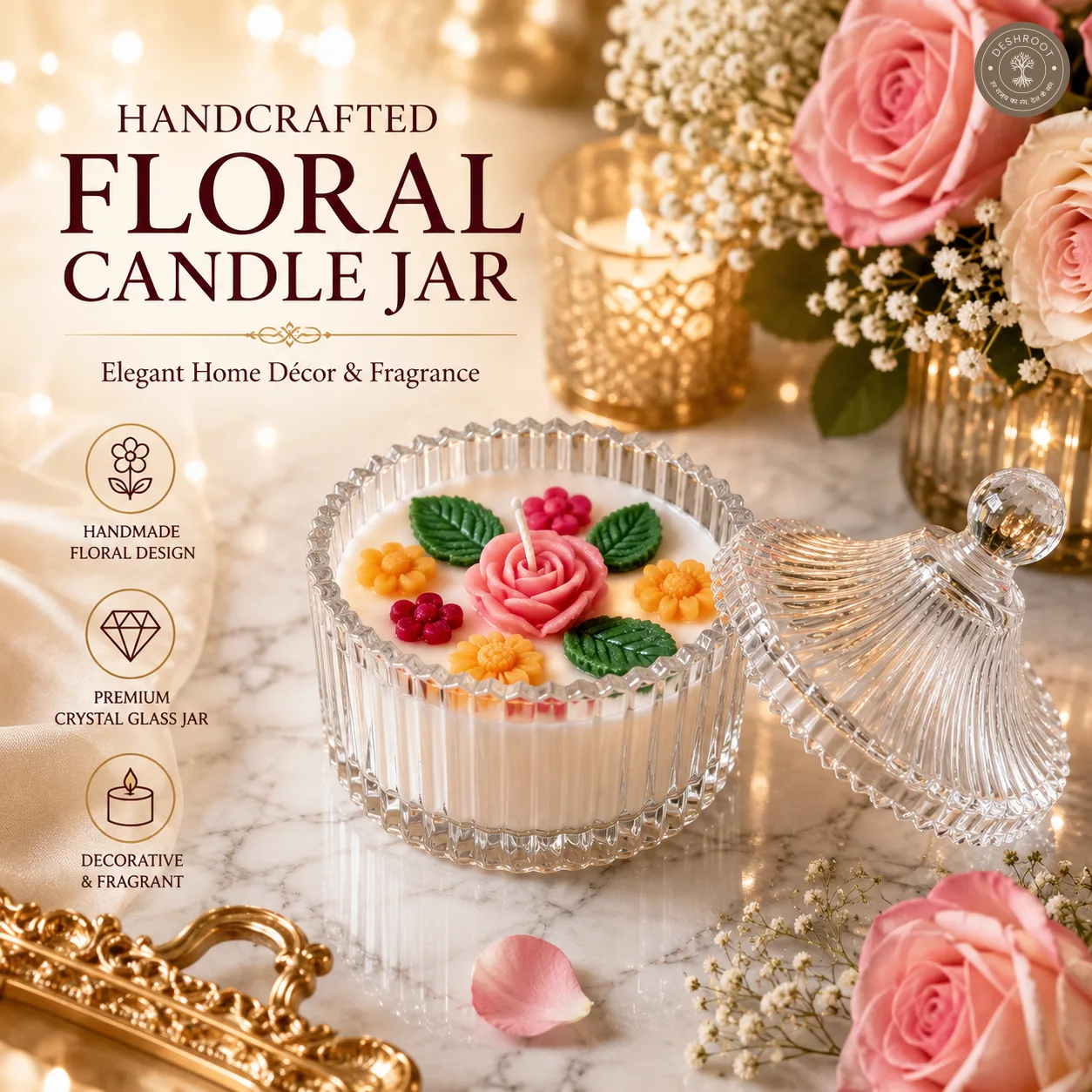 Handcrafted Floral Candle Jar with Crystal Glass Lid