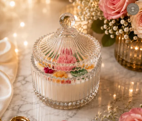 Handcrafted Floral Candle Jar with Crystal Glass Lid