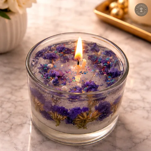 Handmade Gel Candle with Dried Flowers (7.5cm x 5cm) – Purple Floral Design