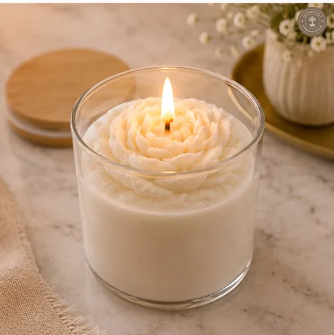 Jasmine Aura Flower Bloom Scented Candle – Soy Wax Blend in Glass Jar - 25 Hours Burn Time