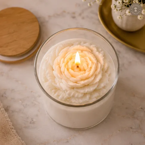 Jasmine Aura Flower Bloom Scented Candle – Soy Wax Blend in Glass Jar - 25 Hours Burn Time