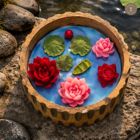 Handcrafted Lotus Pond Soy Wax Candle Bowl – Wooden Floating Flower Candle Decor with Mini Boat