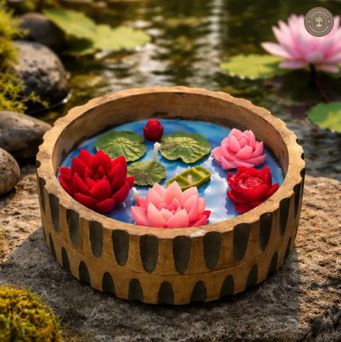 Handcrafted Lotus Pond Soy Wax Candle Bowl – Wooden Floating Flower Candle Decor with Mini Boat