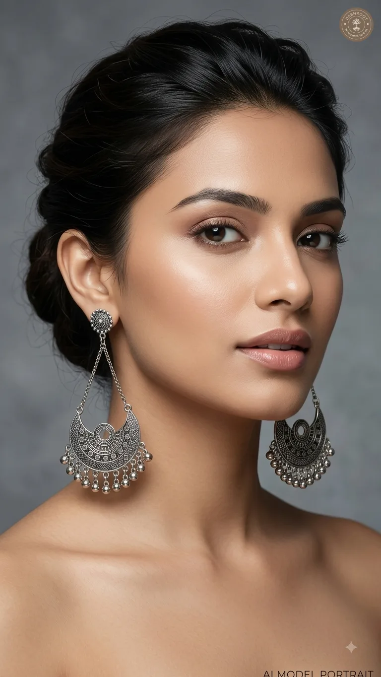 Silver oxidised Long chandbali earrings
