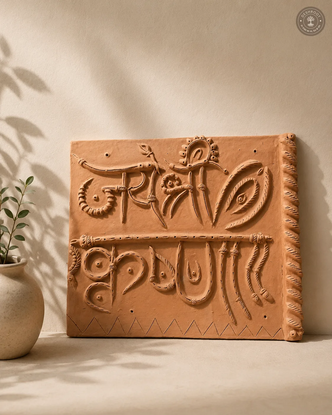 Handcrafted Terracotta Om & Spiritual Mantra Wall Plaque – Rajasthani Clay Art