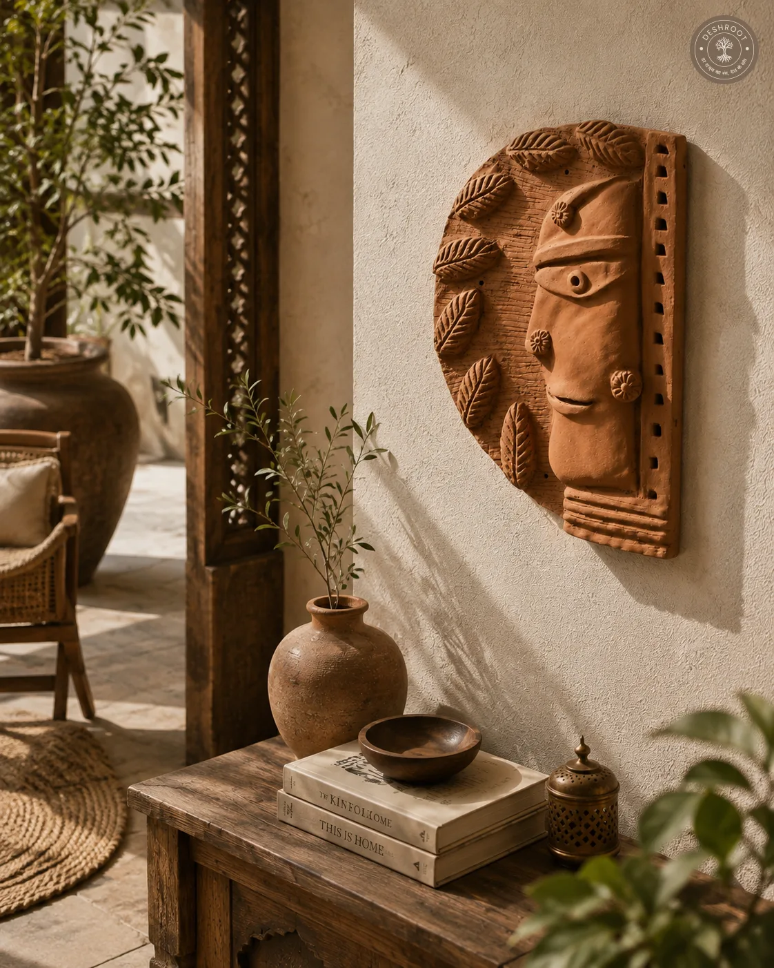 Handcrafted Terracotta Tribal Face Wall Art – Leaf Motif