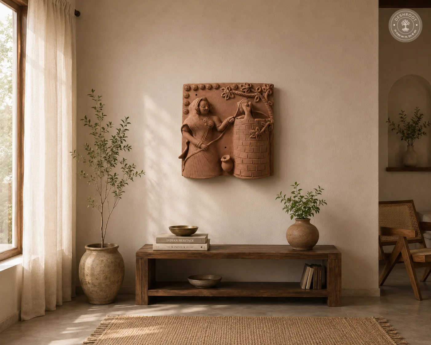 Rajasthani Terracotta Woman & Peacock Wall Relief