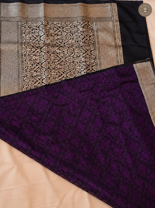 Katan Tanchui Banarasi Silk Saree – Purple & Black Floral Jaal with Intricate Zari Border