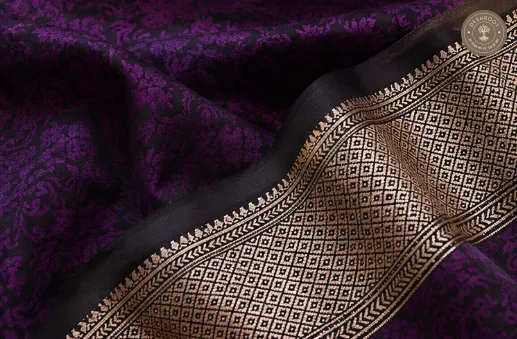 Katan Tanchui Banarasi Silk Saree – Purple & Black Floral Jaal with Intricate Zari Border