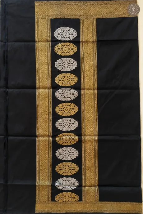 Katan Silk Banarasi Dupatta – Black with Gold & Silver Floral Zari Motifs and Woven Borders