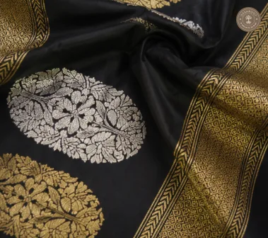 Katan Silk Banarasi Dupatta – Black with Gold & Silver Floral Zari Motifs and Woven Borders