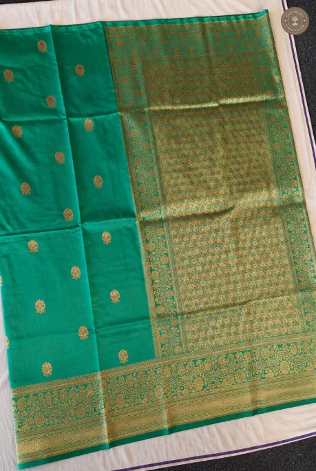Katan Silk Banarasi Saree – Emerald Green with Gold Zari Butis & Intricate Floral Zari Border