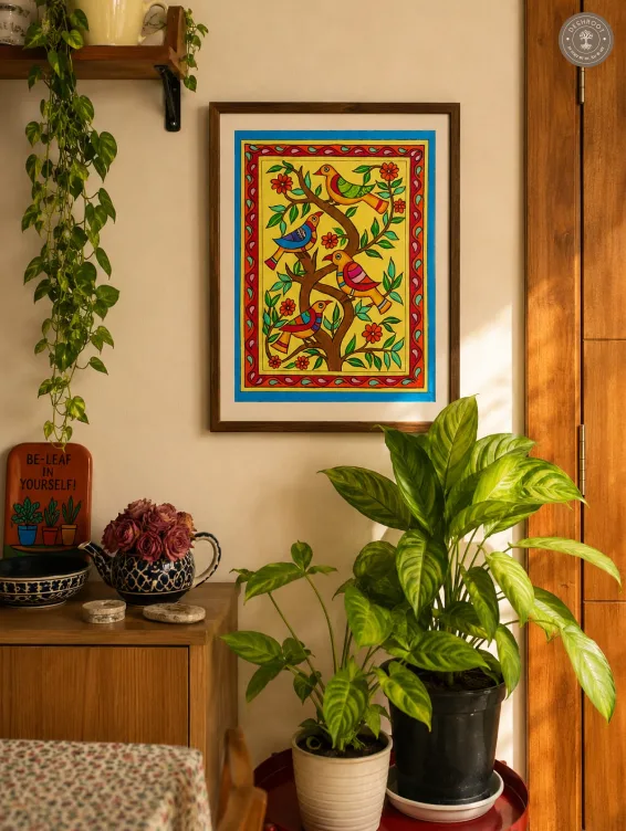 Handcrafted Madhubani Painting – Vibrant Birds & Floral Tree on Canvas