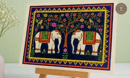 Traditional Madhubani Painting – Handcrafted Elephants & Flowering Tree on Canvas
