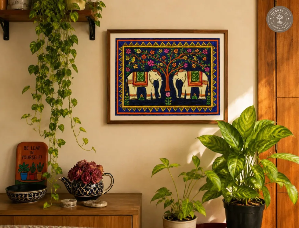 Traditional Madhubani Painting – Handcrafted Elephants & Flowering Tree on Canvas