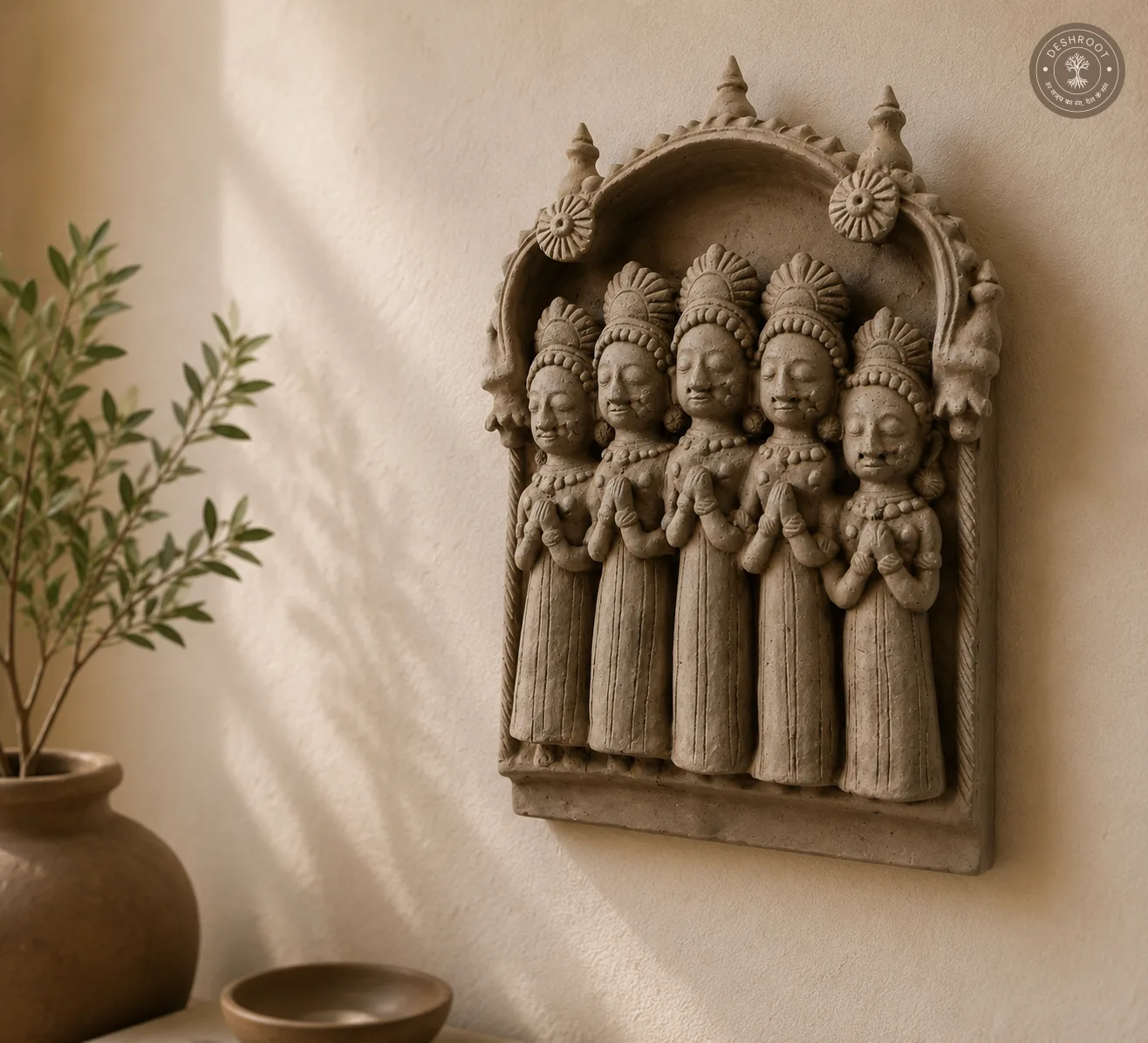 Rajasthani Handmade Terracotta Five Devotees Wall Relief Panel