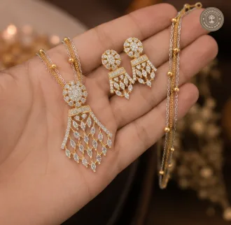 AD Stone Long Chain Pendant Necklace – Elegant Gold-Tone Statement Jewellery