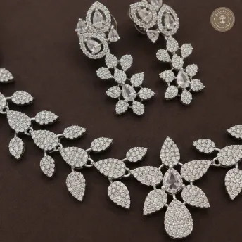 AD Diamond Silver-Tone Necklace Set with Matching Earrings