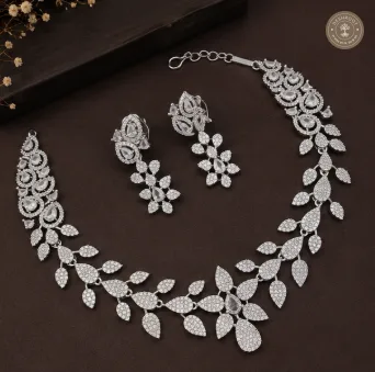 AD Diamond Silver-Tone Necklace Set with Matching Earrings