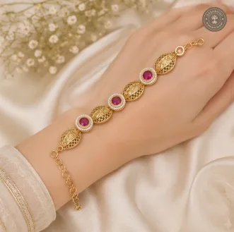 Traditional Gold-Tone Hand Gajra with Magenta Stones