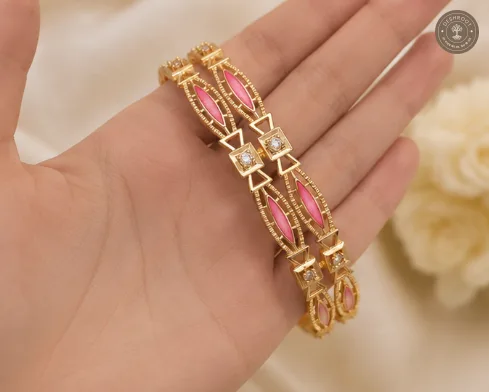 Rose Petal Geometric Crystal Gold-Tone Kada Bracelet