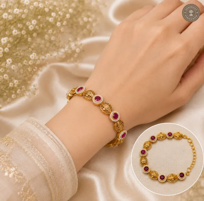 Traditional Gold-Tone Hand Gajra with Magenta Stones