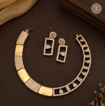 AD Stone Gold-Tone Necklace Set with Matching Geometric Earrings
