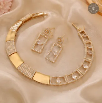 AD Stone Gold-Tone Necklace Set with Matching Geometric Earrings