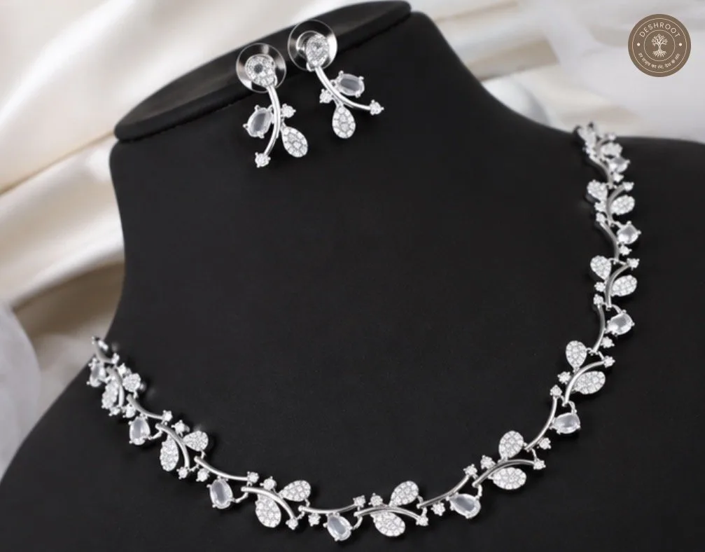 Elegant AD Diamond Silver Leaf Necklace & Earring Set
