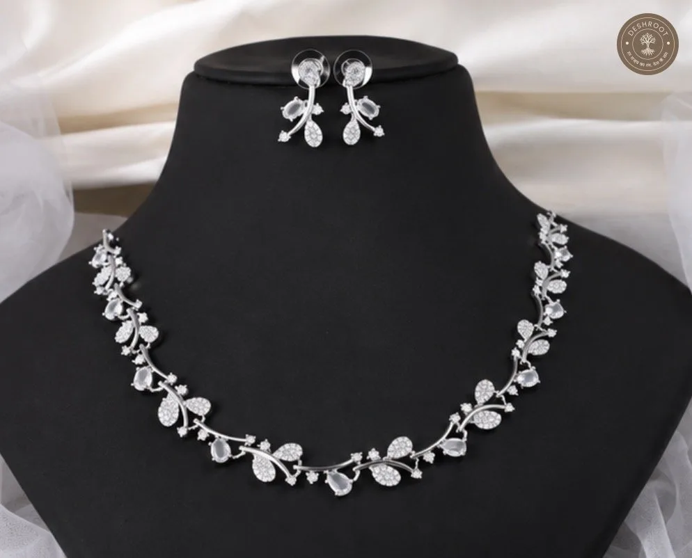 Elegant AD Diamond Silver Leaf Necklace & Earring Set