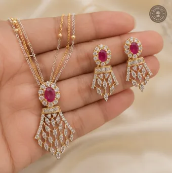 AD Stone Double-Layer Chain Pendant Necklace Set with Matching Earrings