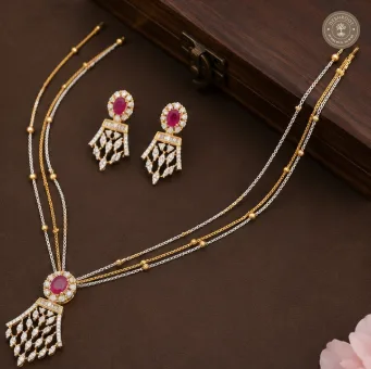 AD Stone Double-Layer Chain Pendant Necklace Set with Matching Earrings