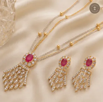 AD Stone Double-Layer Chain Pendant Necklace Set with Matching Earrings