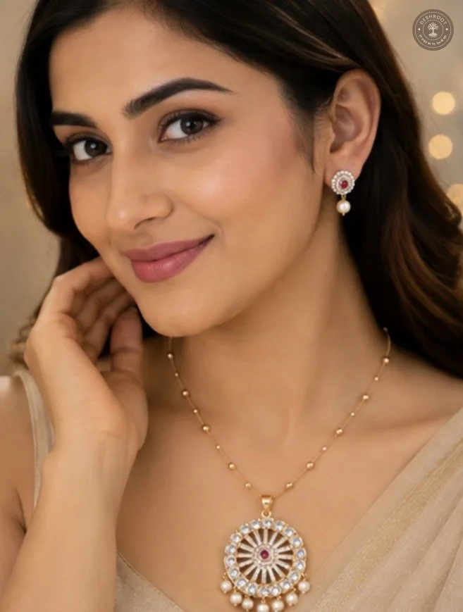 Moissanite Kundan Pearl Pendant Necklace Set